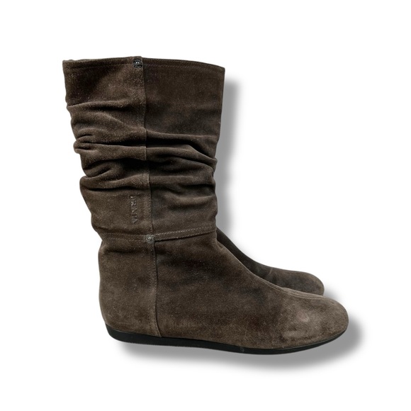 Prada Boots Brown Suede Leather Slouch Boots Mid-Calf Pleated Sz 38.5 7.5 US - Picture 5 of 8